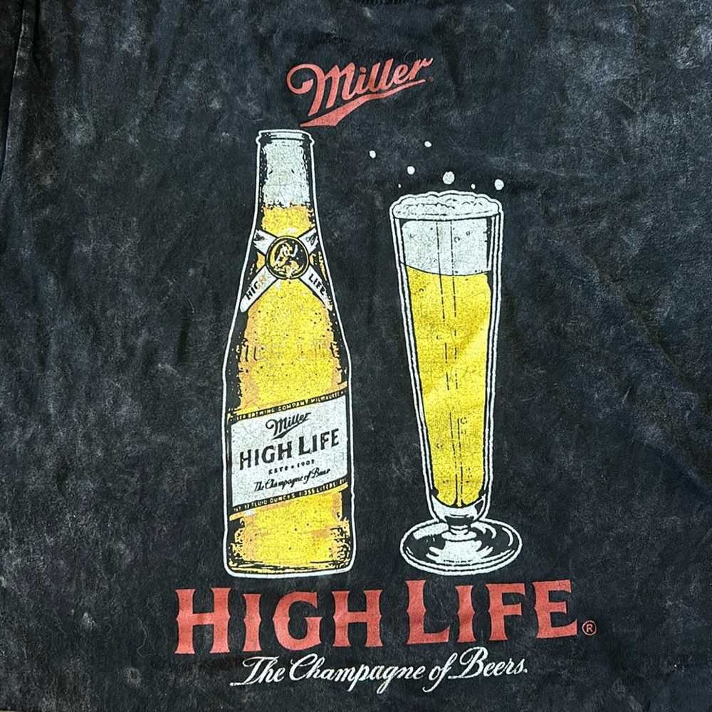 Mixed black graphic tee miller light beer on it. Graphic is on front
